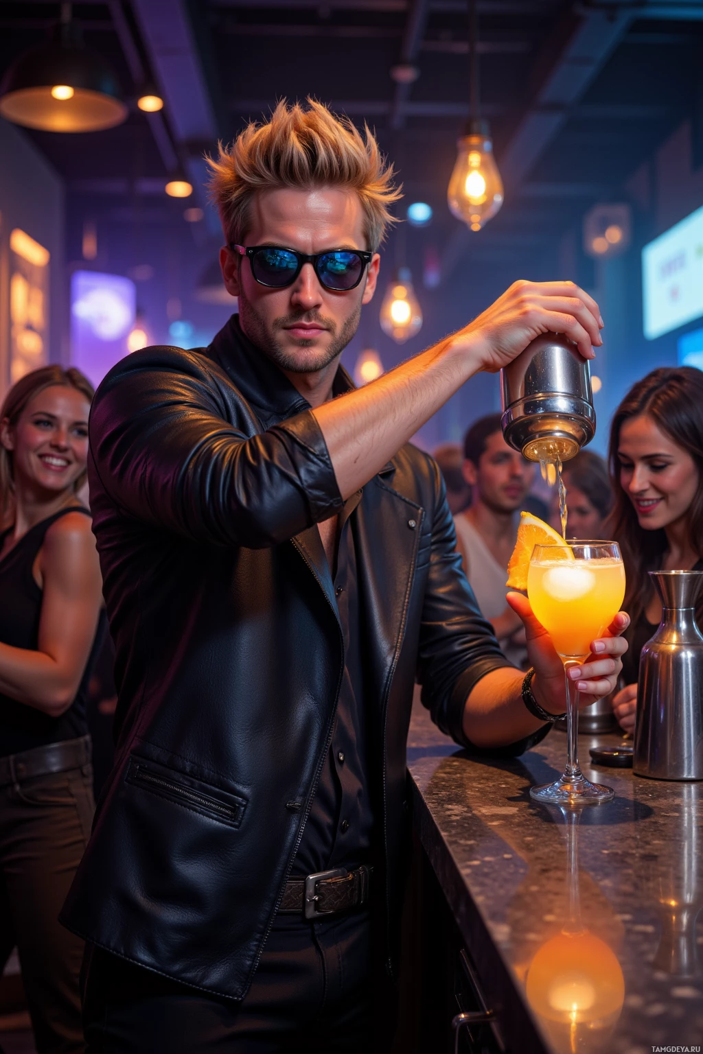 A man in a leather jacket pours a drink into a glass at a bar.