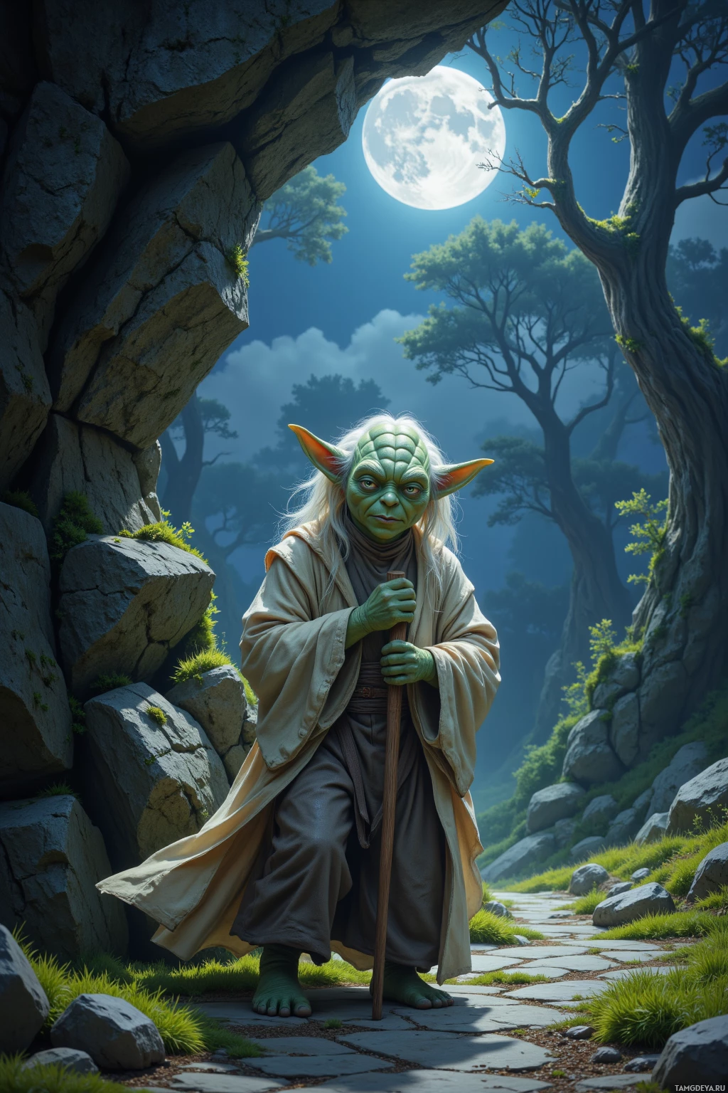 A green-skinned character with long white hair and pointed ears stands in a serene forest under a full moon.