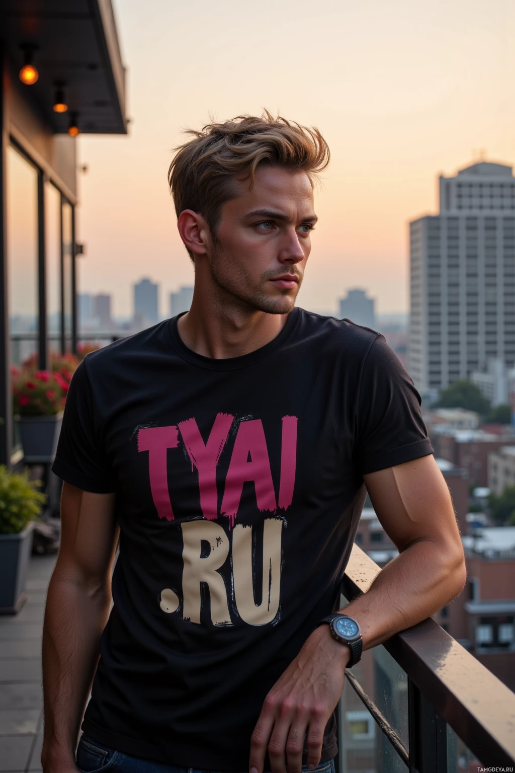 A man stands on a rooftop with a cityscape in the background, wearing a black t-shirt with bold text.