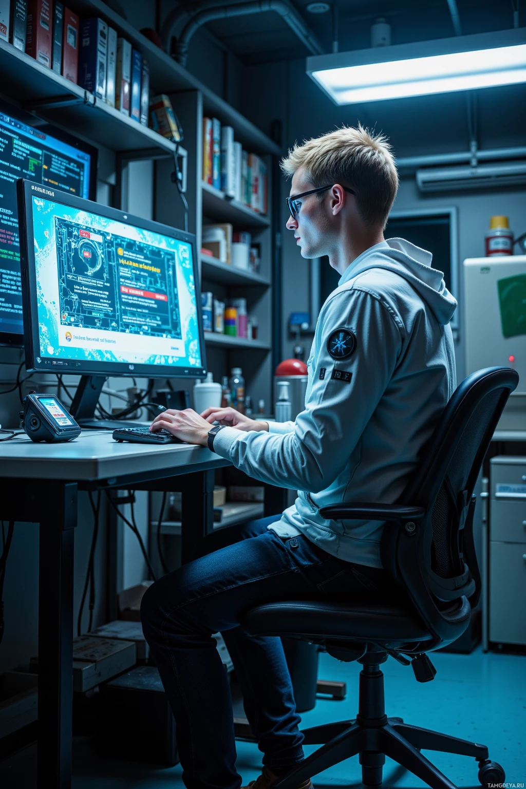A person is seated at a desk in a dimly lit room, working on a computer with multiple screens displaying technical data.