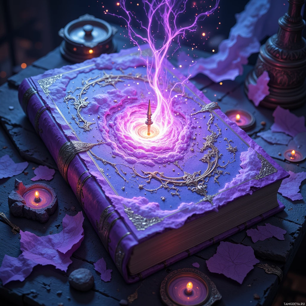 A glowing purple book with intricate designs and a magical energy emanating from its center is surrounded by candles and leaves.