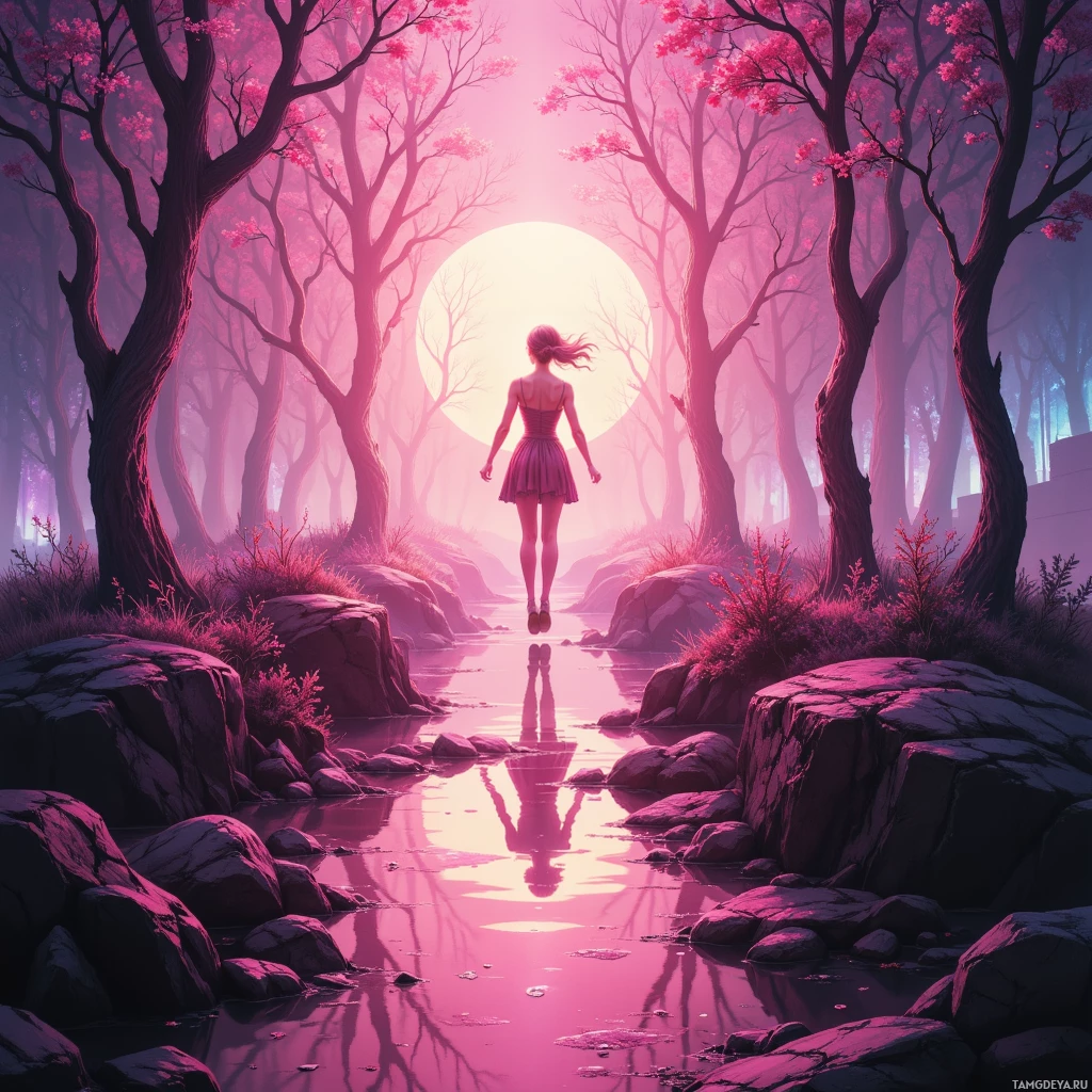 A serene forest scene with a woman walking along a reflective stream under a glowing pink sky.
