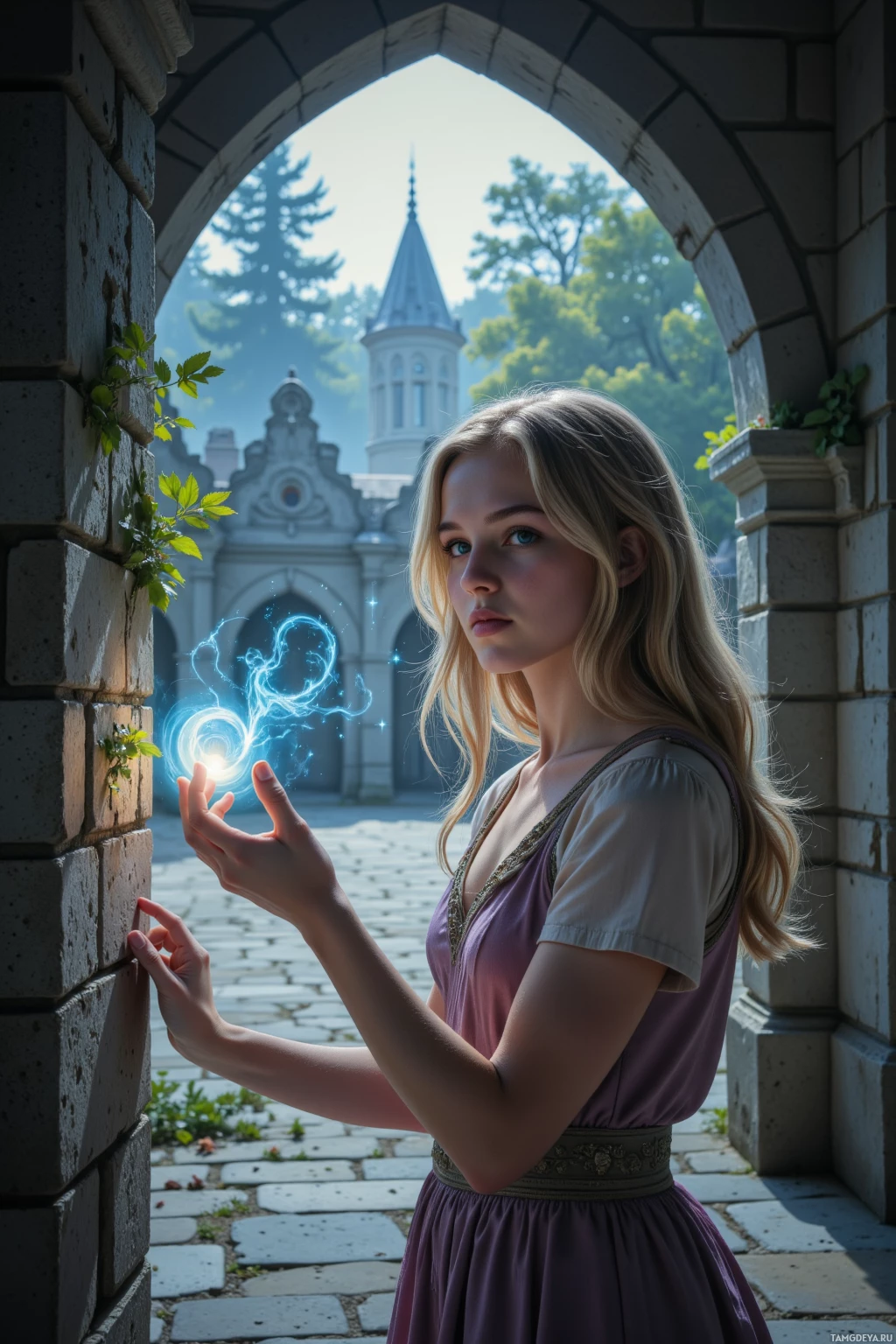 A young woman stands in an archway, reaching out with her hand as a glowing blue orb hovers nearby.