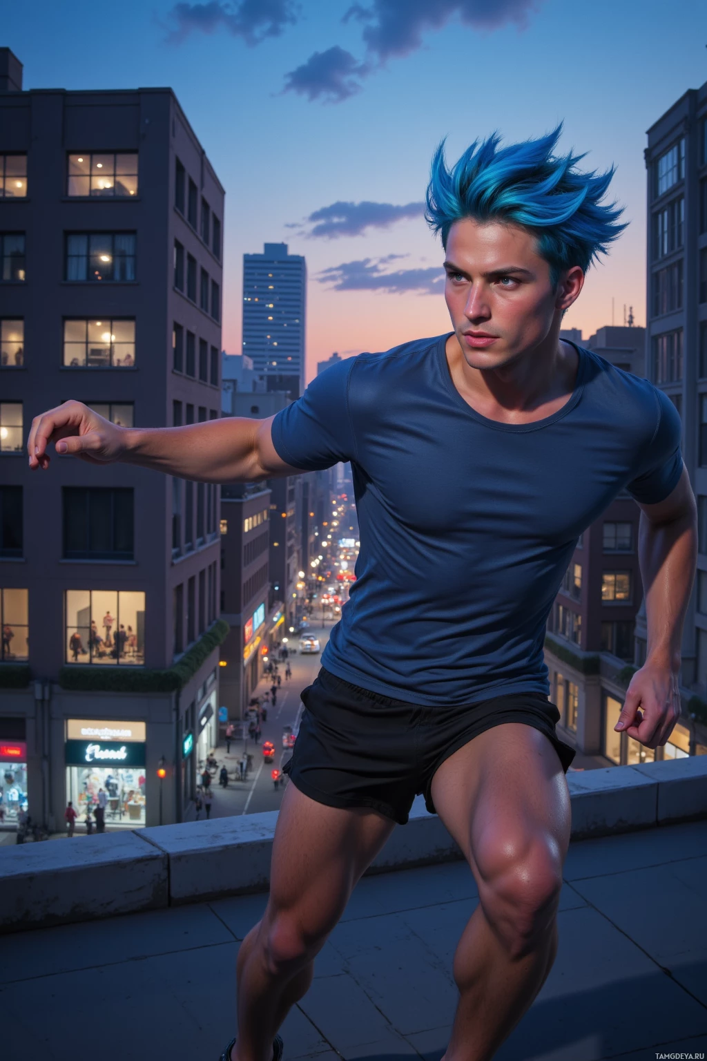 A man with blue hair stands on a rooftop overlooking a cityscape at dusk.