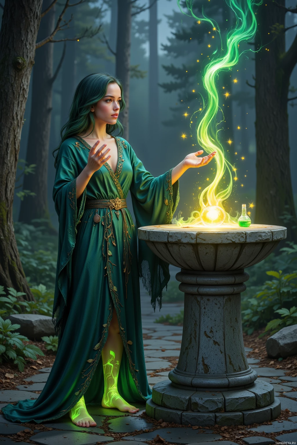 A woman in a green robe stands beside a glowing pedestal in a forest.