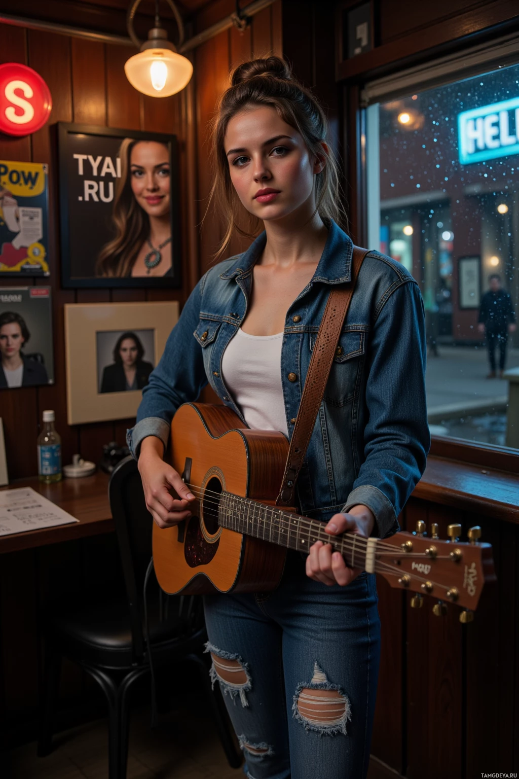 A young woman in a denim jacket and jeans holds an acoustic guitar in a cozy indoor setting.