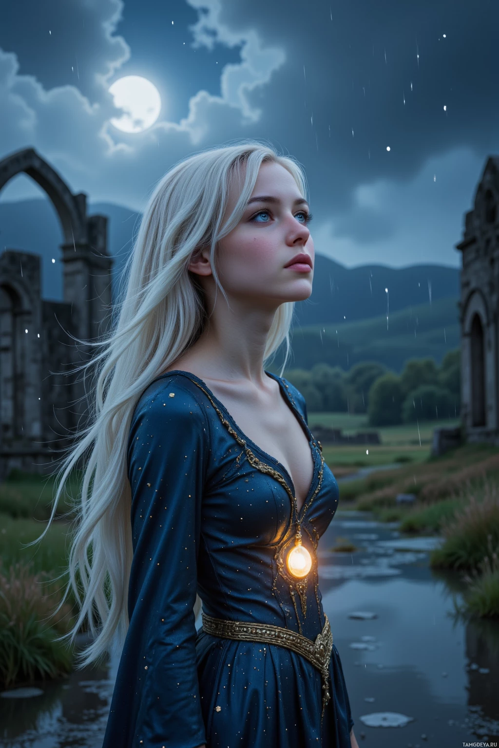 A woman in a blue gown stands beside a river under a moonlit sky.