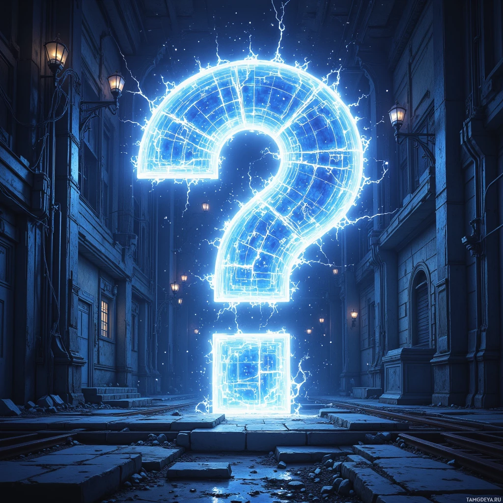 A glowing blue question mark portal in a dimly lit alleyway.