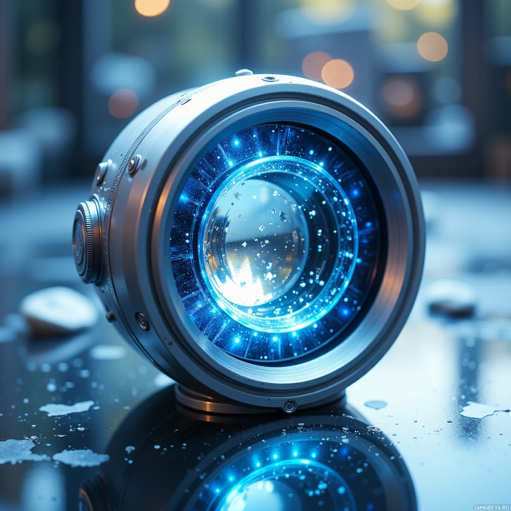 A close-up of a futuristic camera lens with glowing blue lights.