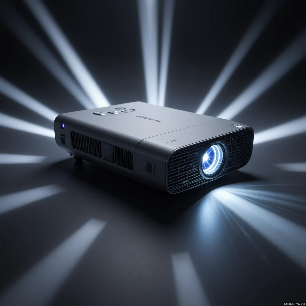 A modern projector with light beams radiating from its lens.