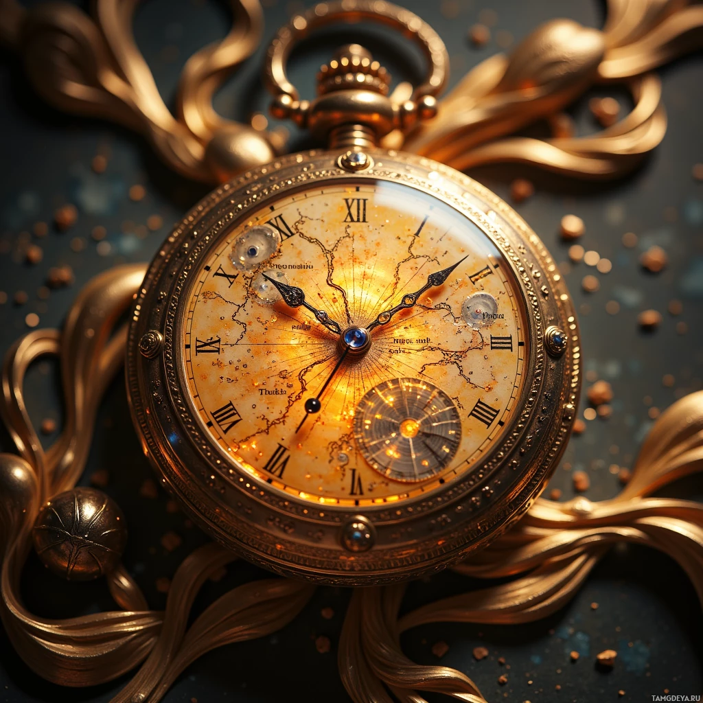 An ornate gold pocket watch with intricate detailing and a starry background.