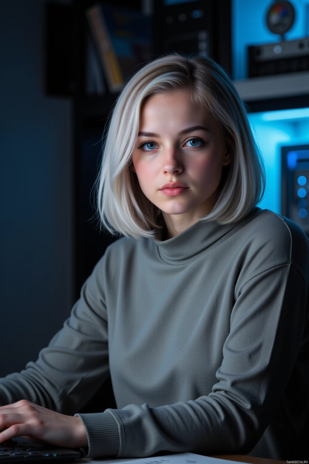 A person with short blonde hair wearing a gray turtleneck sweater is seated at a desk with a laptop.