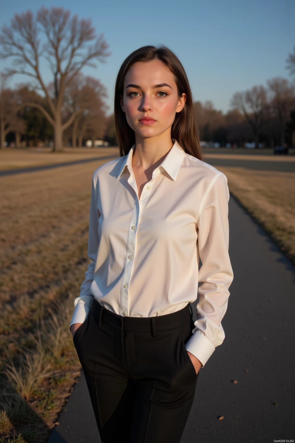 A person stands outdoors in a park-like setting, wearing a white shirt and black pants.