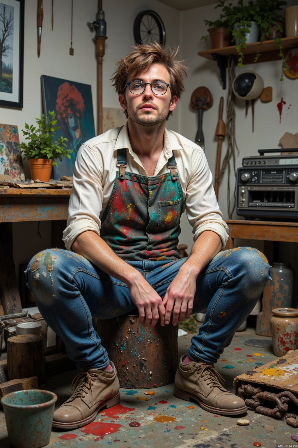 A person wearing a white shirt and paint-splattered overalls sits in a workshop with various tools and plants around.