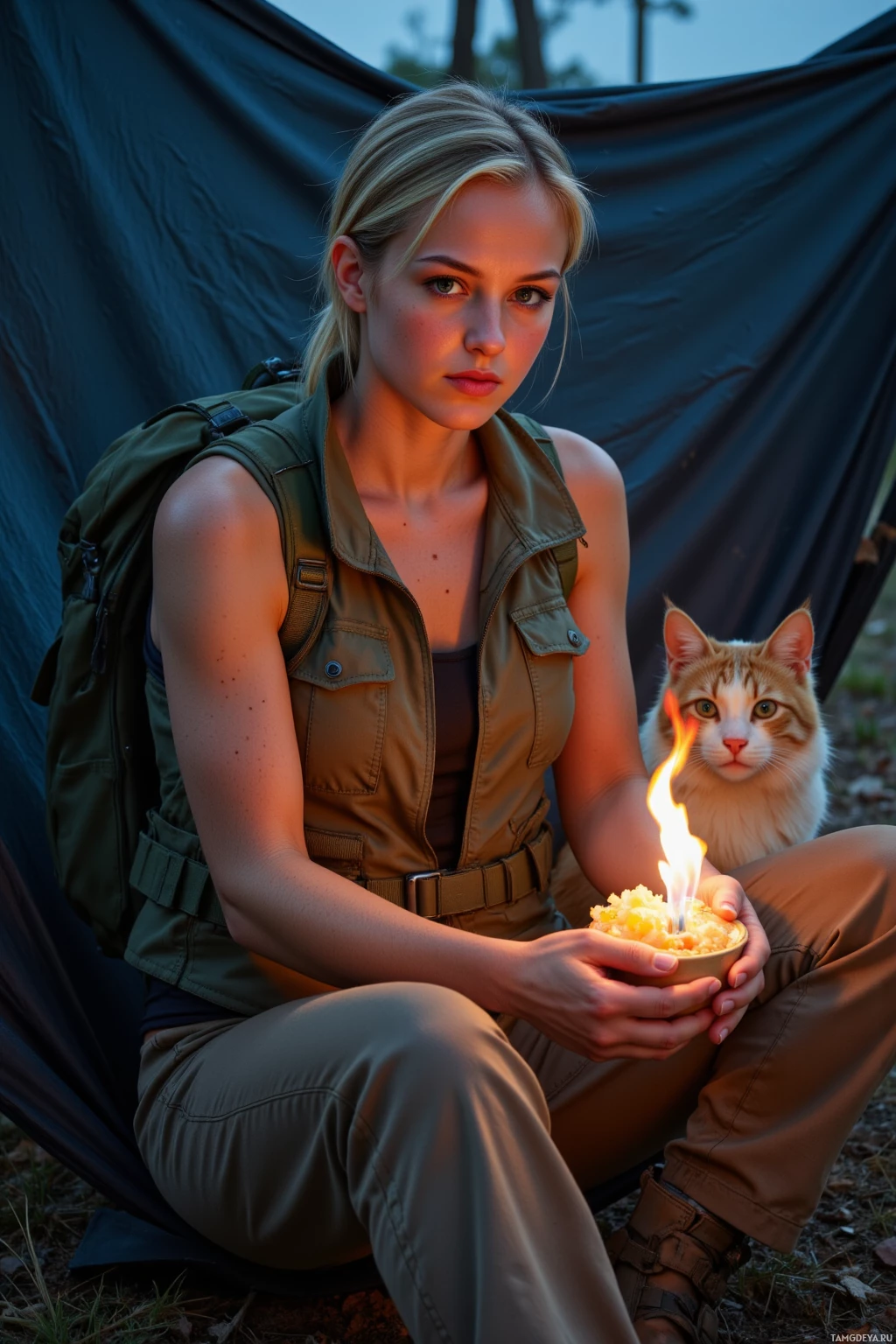 A person in outdoor attire sits in a hammock, holding a bowl with a lit candle, accompanied by a cat.