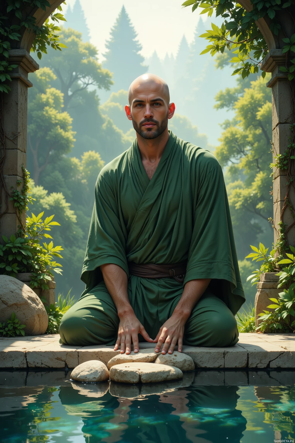 A man in a green robe sits cross-legged by a pond in a serene garden setting.