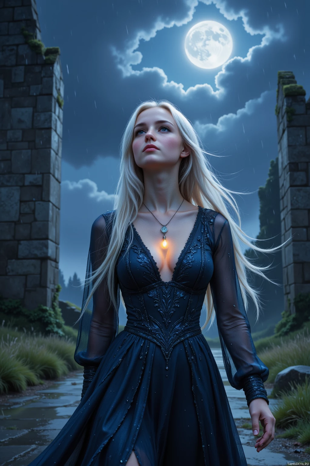 A woman in a dark, elegant dress stands under a moonlit sky, with rain falling and stone ruins in the background.