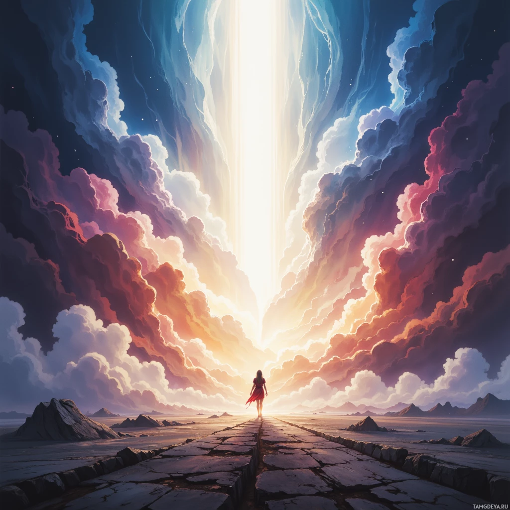 A person walks along a path towards a radiant light in a sky filled with dramatic clouds.