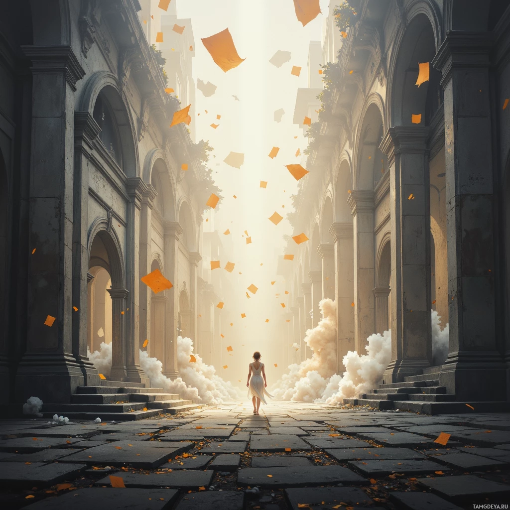 A woman in a white dress walks down a sunlit, misty alleyway with falling leaves and smoke.