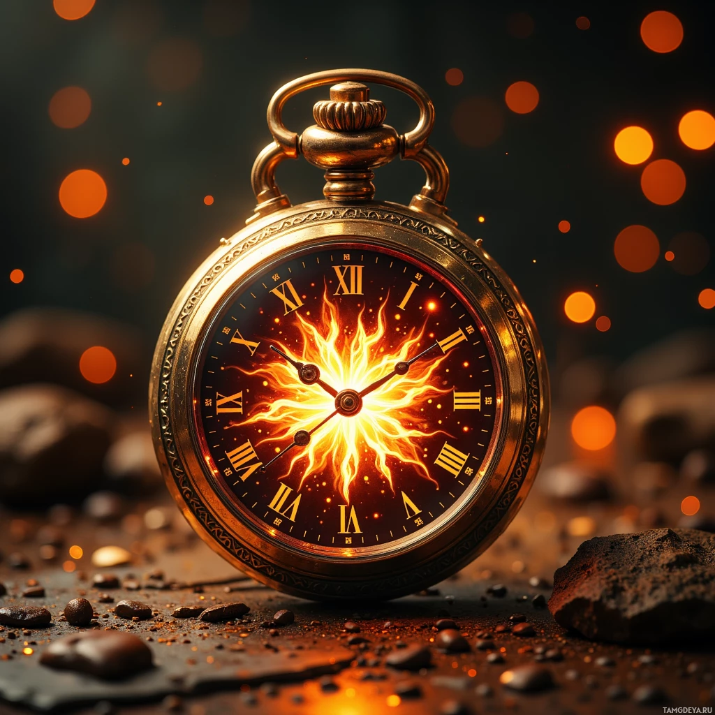 A golden pocket watch with a fiery design on its face is displayed against a dark background with glowing orange particles.