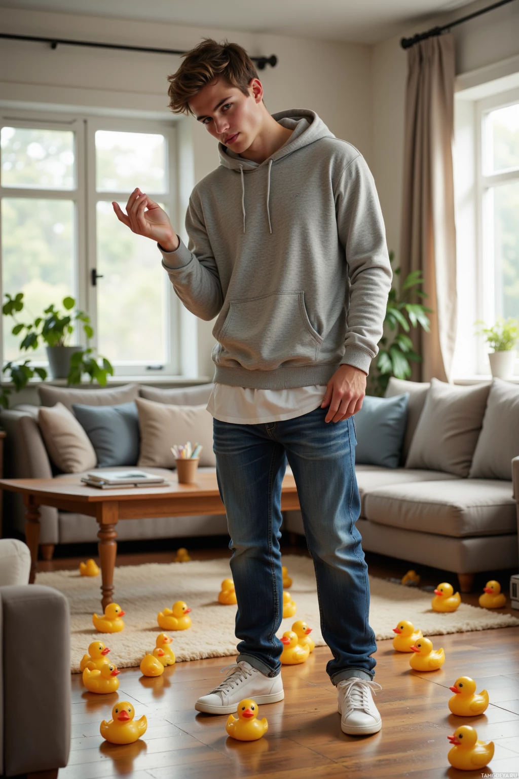 A young man stands in a living room with rubber ducks scattered on the floor.