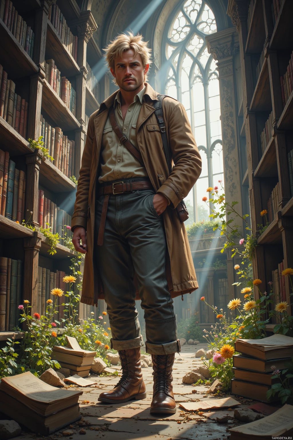 A man stands in a library with sunlight streaming through a stained glass window, surrounded by books and flowers.
