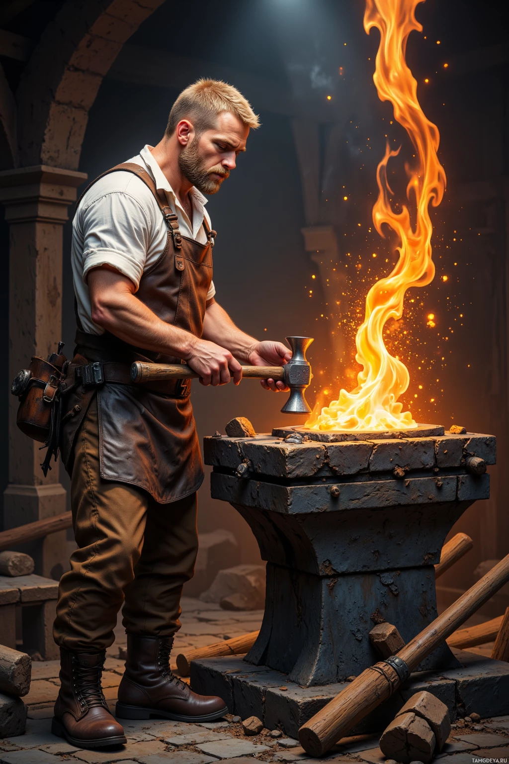 A blacksmith works at a forge, hammering glowing metal.