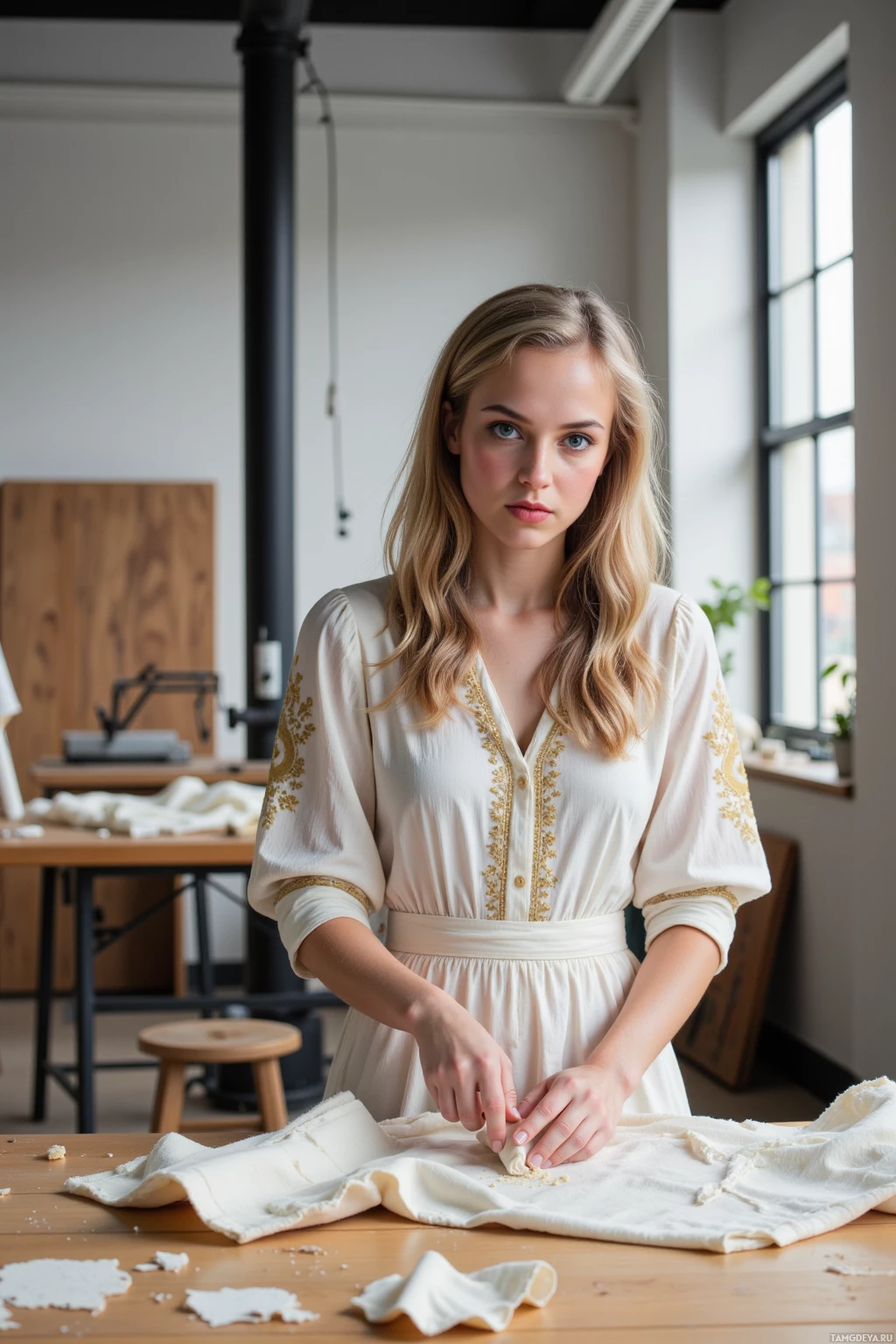 A woman in a white dress with gold embroidery stands in a room with a wooden table and scattered flour.