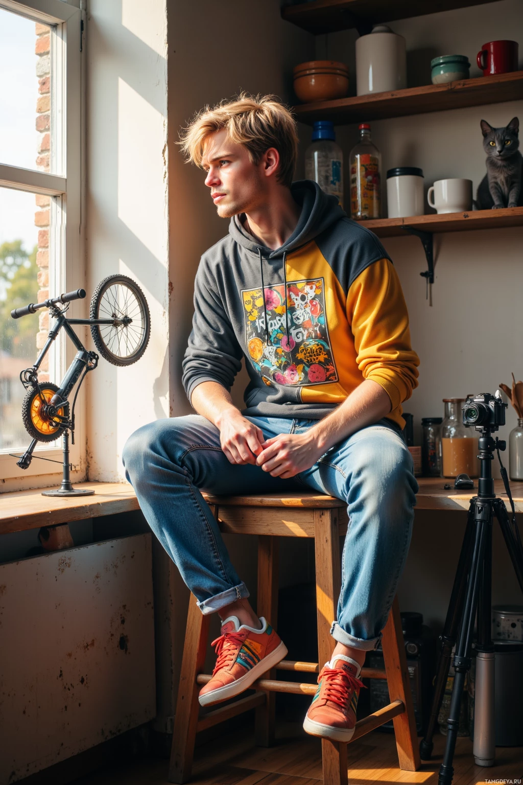 A person sits on a stool by a window, wearing a hoodie and jeans, with a cat perched on a shelf in the background.