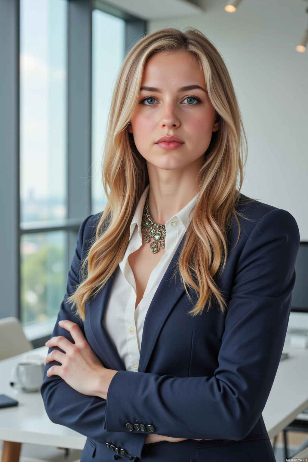 A woman in a professional outfit stands with her arms crossed in an office setting.