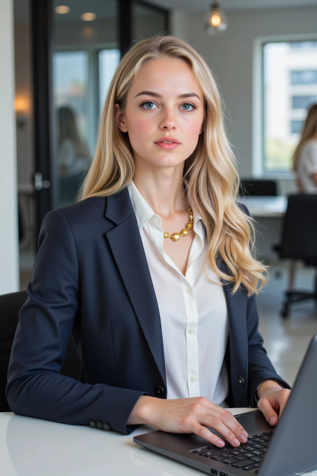 A woman in a professional outfit is seated at a desk, working on a laptop.