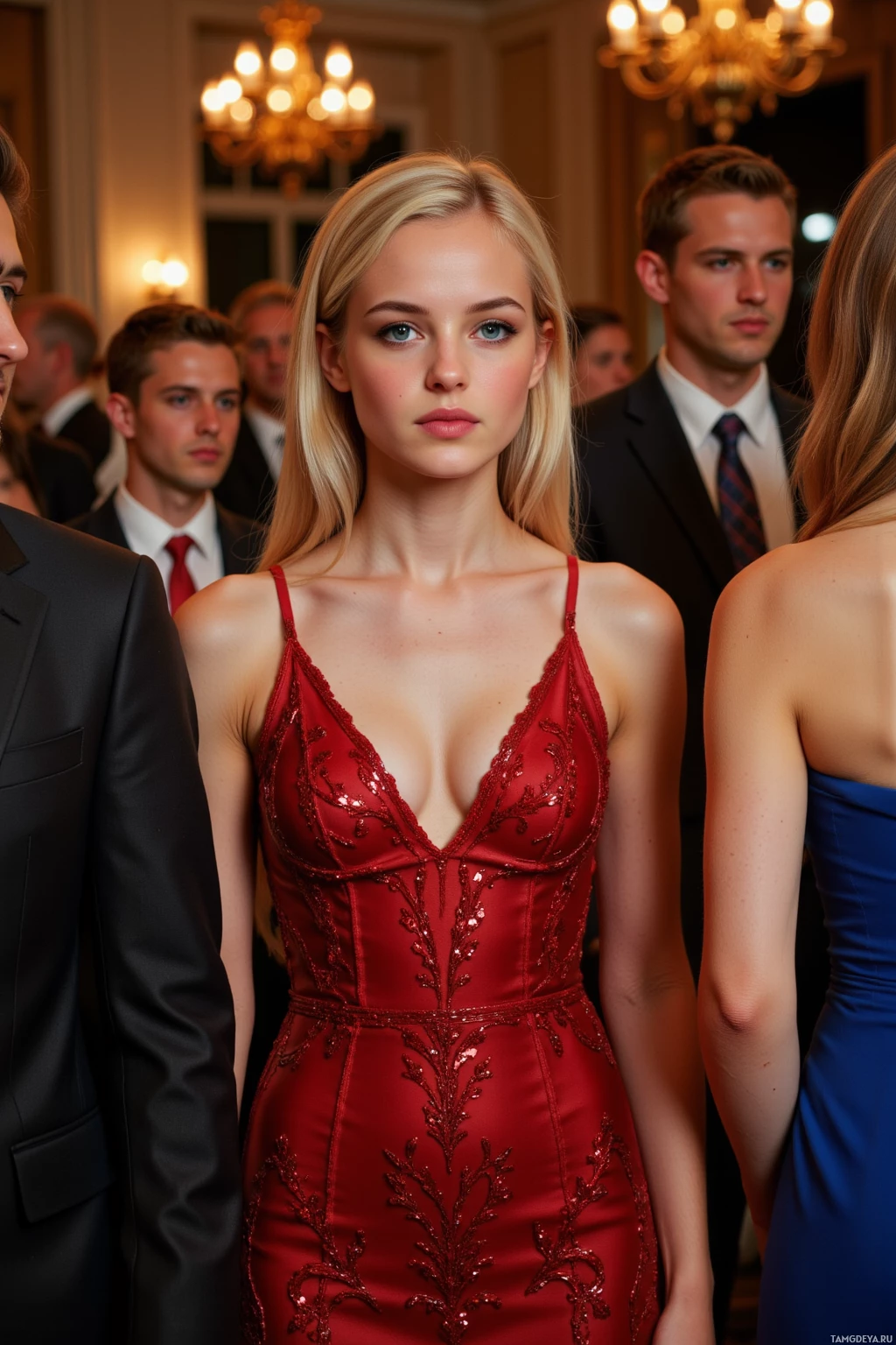 A woman in a red dress stands among a group of formally dressed individuals in a well-lit room.