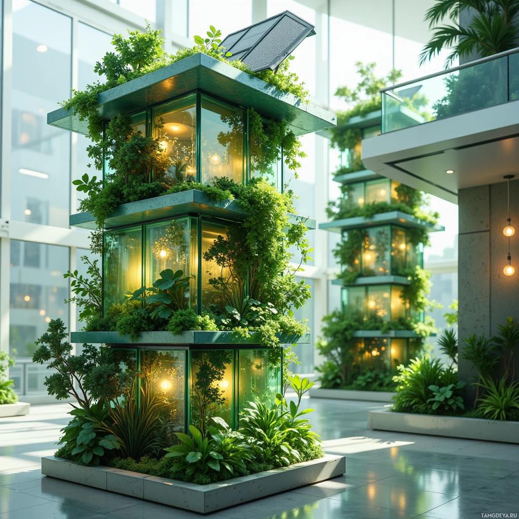 A modern glass structure with a lush green roof and solar panels, surrounded by urban greenery.
