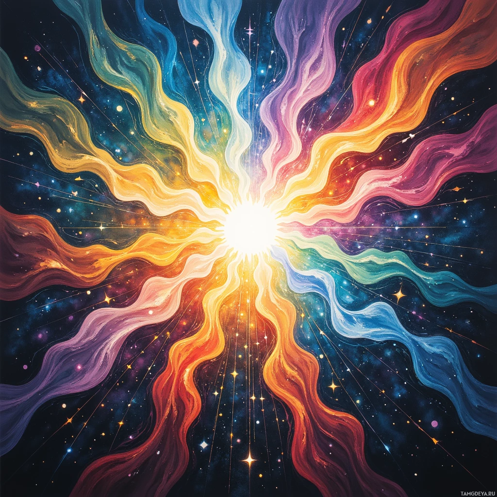 A vibrant cosmic scene with swirling colors and starlight radiating outward.