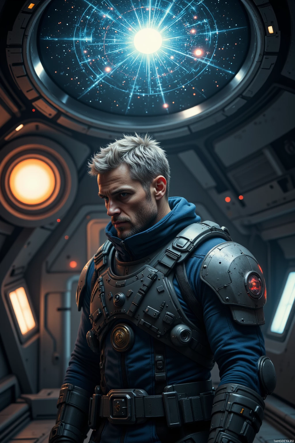 A person in futuristic armor stands in a high-tech environment with glowing circular lights in the background.