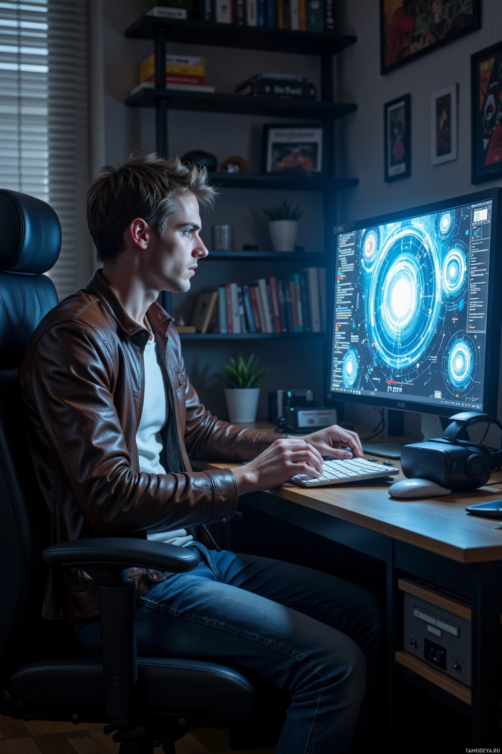 A person in a leather jacket works at a desk with a computer displaying a futuristic interface.
