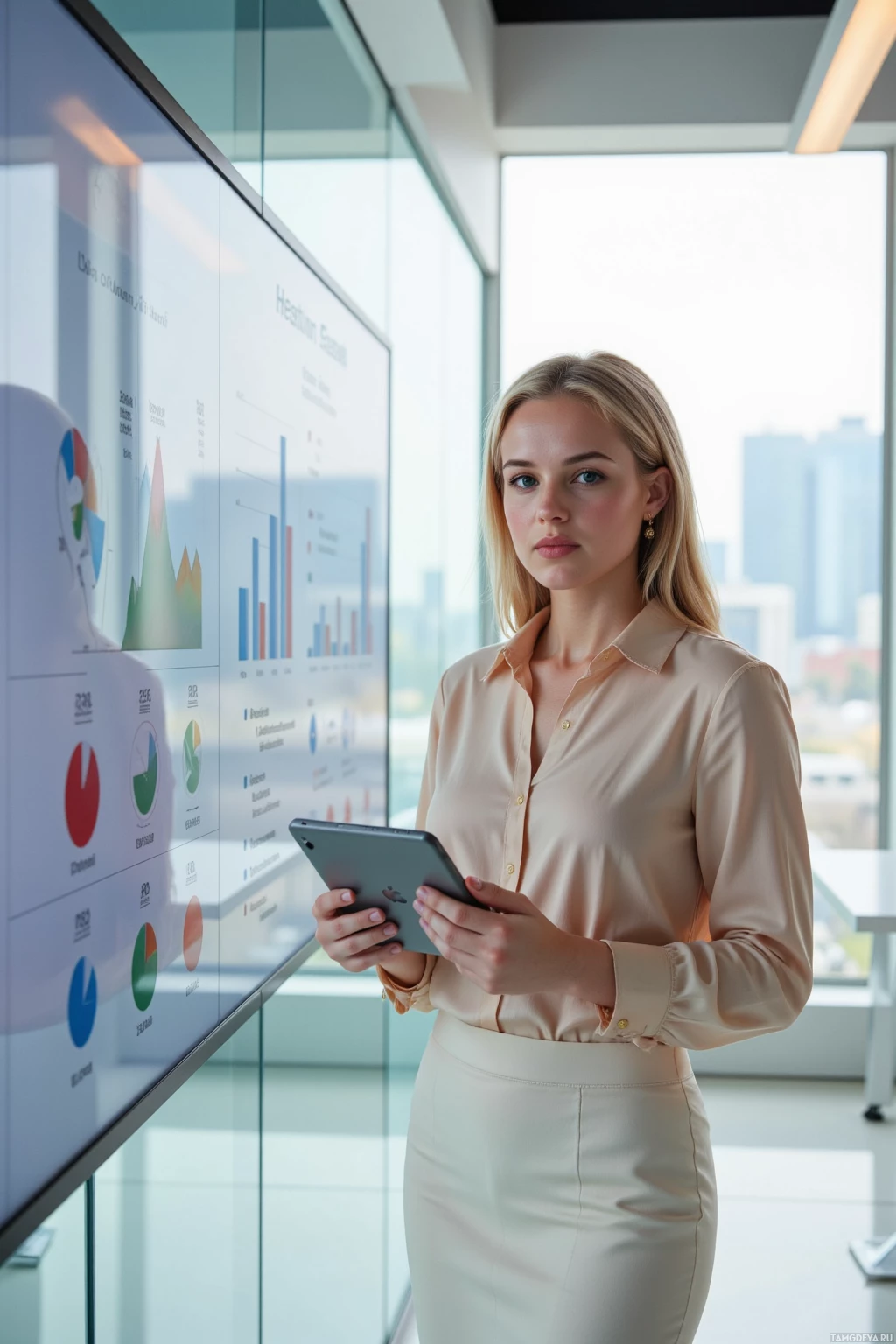 A woman in a professional setting holds a tablet, standing in front of a large screen displaying graphs and charts.