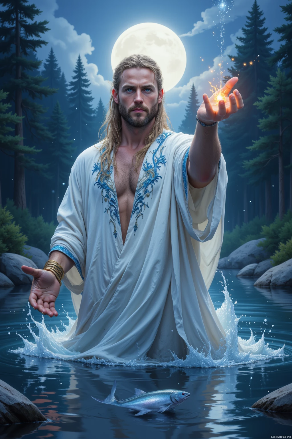 Realistic high quality photo. A serene 34‑year‑old male waterbender with long blonde hair in a loose braid, bright blue eyes, tan skin, wearing a flowing white robe embroidered in blue and silver, stands beside a moonlit forest lake at dusk, watching a single silver fish glide beneath the calm water while he raises his outstretched hand to create gentle ripples that form a protective wave against unseen currents.