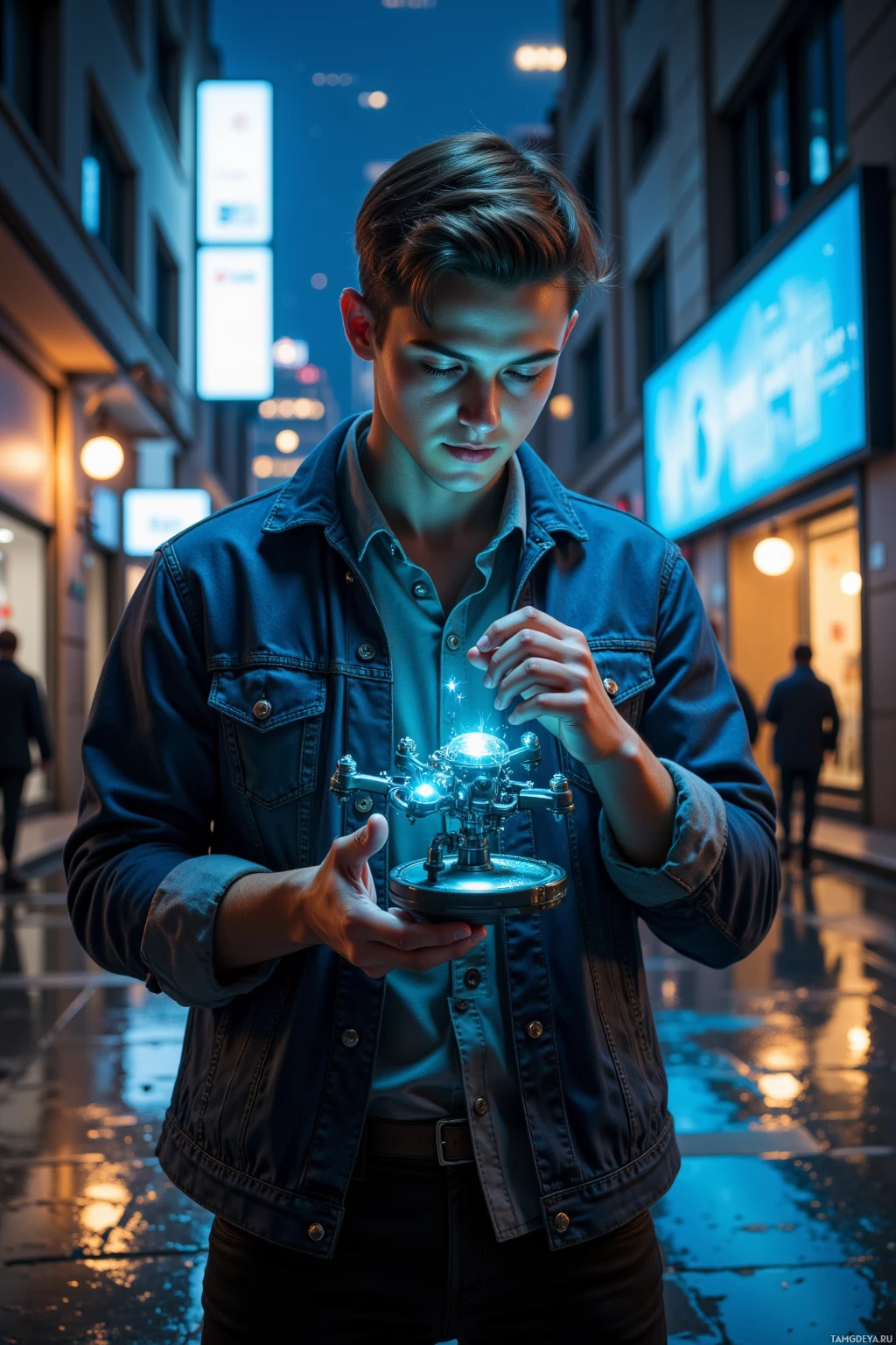 A young man in a denim jacket stands in a city alley at night, holding a glowing, intricate device.