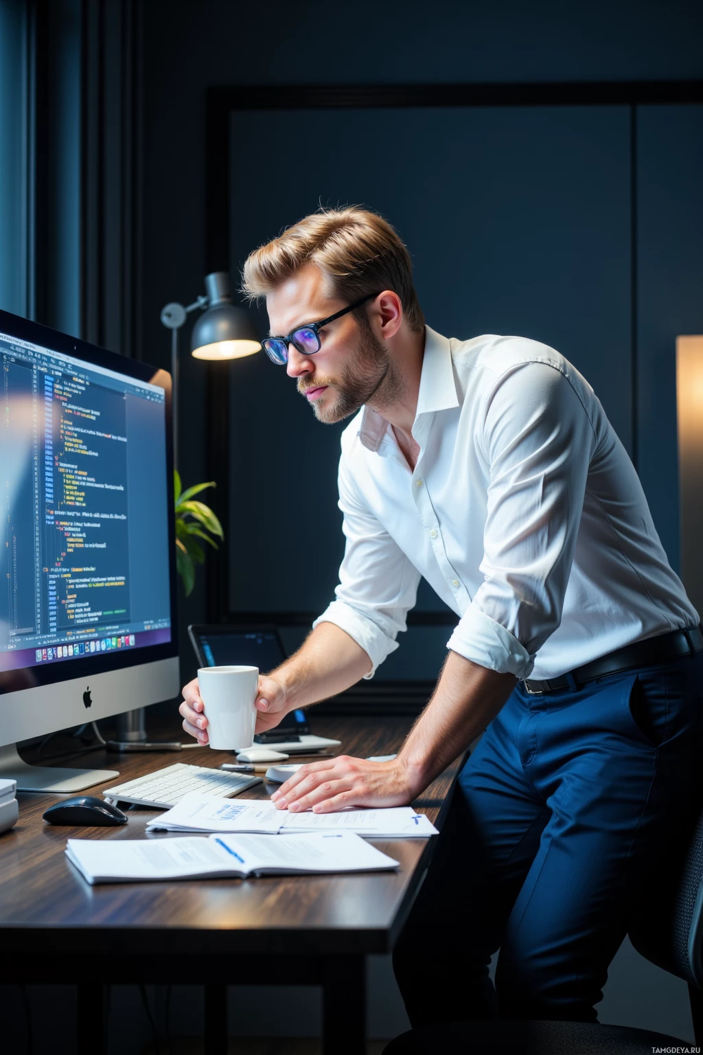 A man in a white shirt leans forward at a desk, working on a computer with a coffee mug in hand.