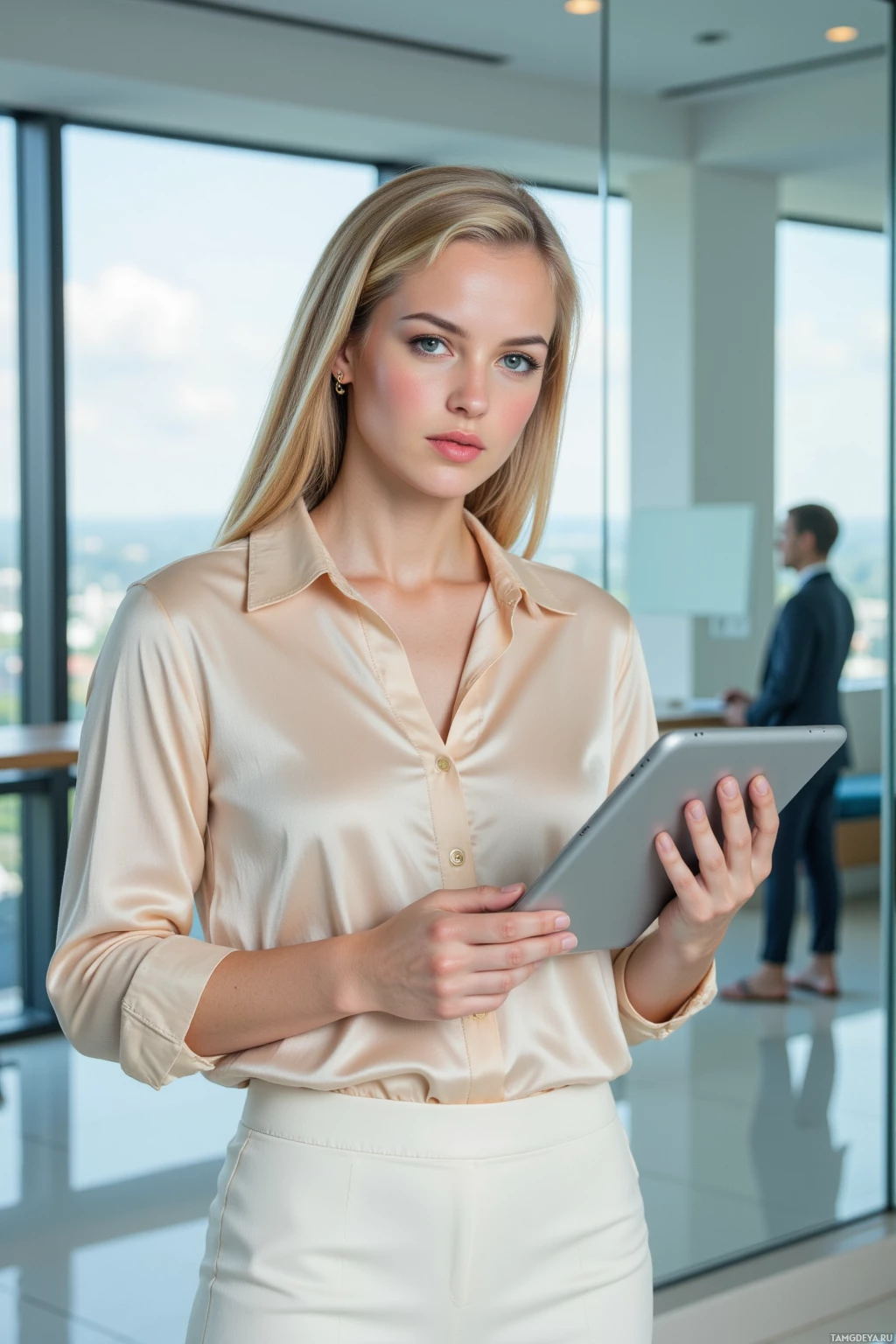 A woman in a professional setting holds a tablet while standing in front of large windows.