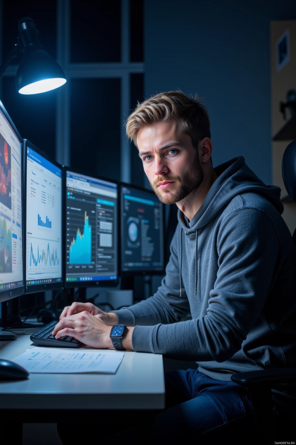 A person is sitting at a desk with multiple computer monitors displaying graphs and data, illuminated by a desk lamp.