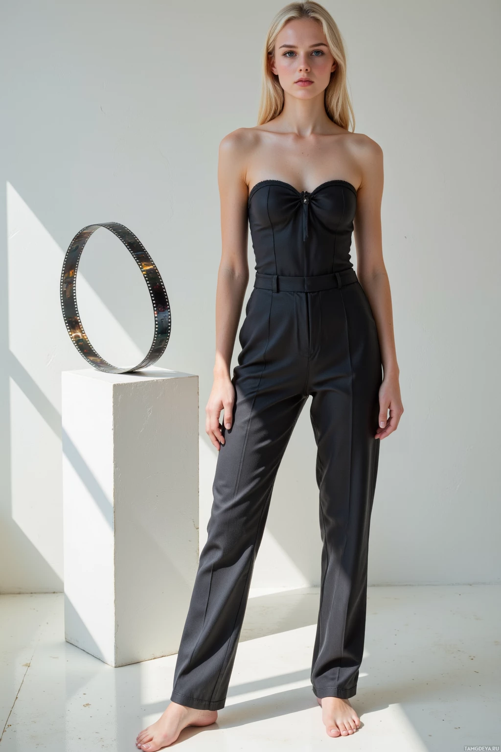 A person stands in a minimalist setting wearing a strapless black jumpsuit with a high-waisted design.