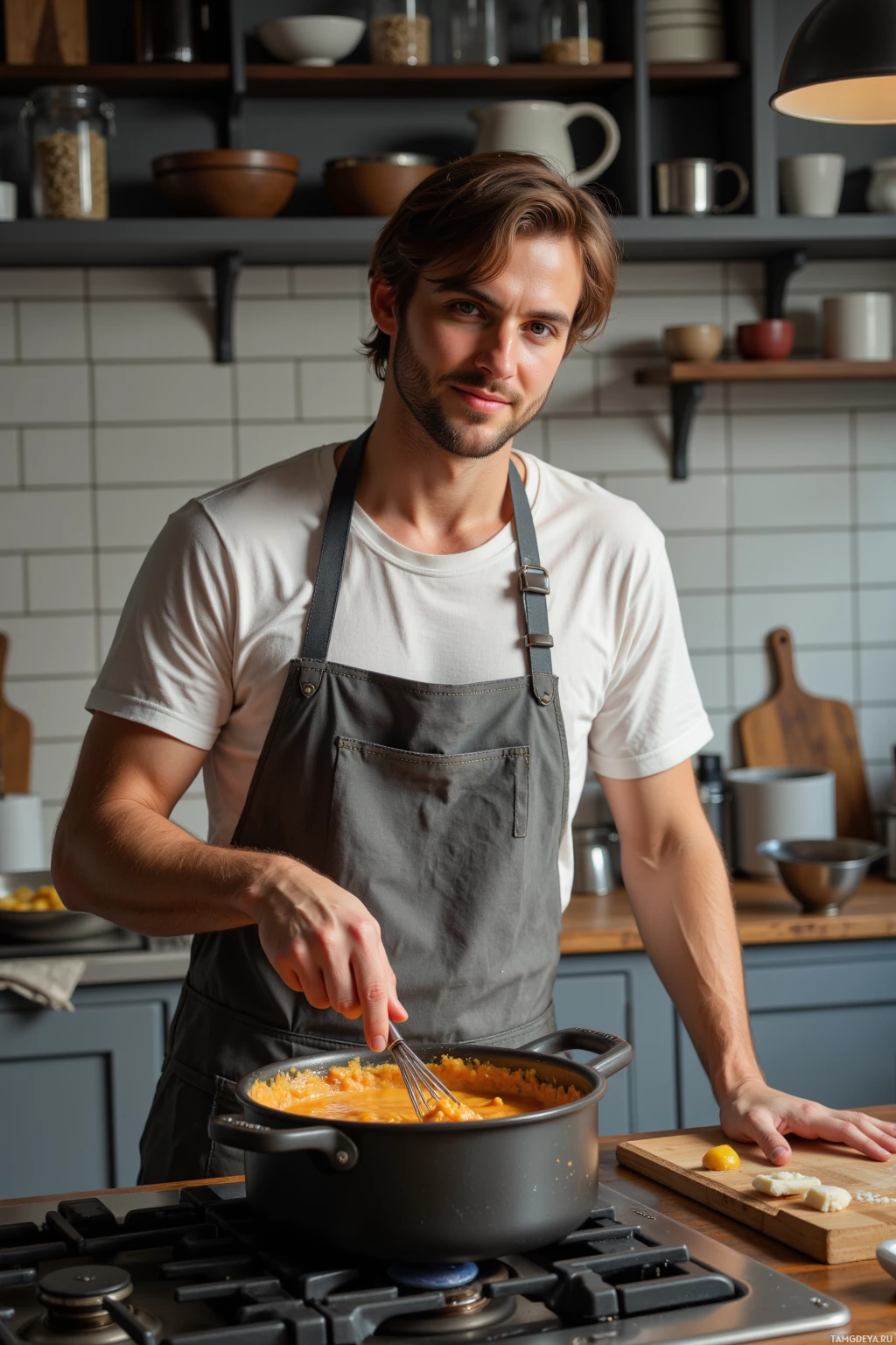 A man in a kitchen wearing an apron, stirring a pot on the stove.