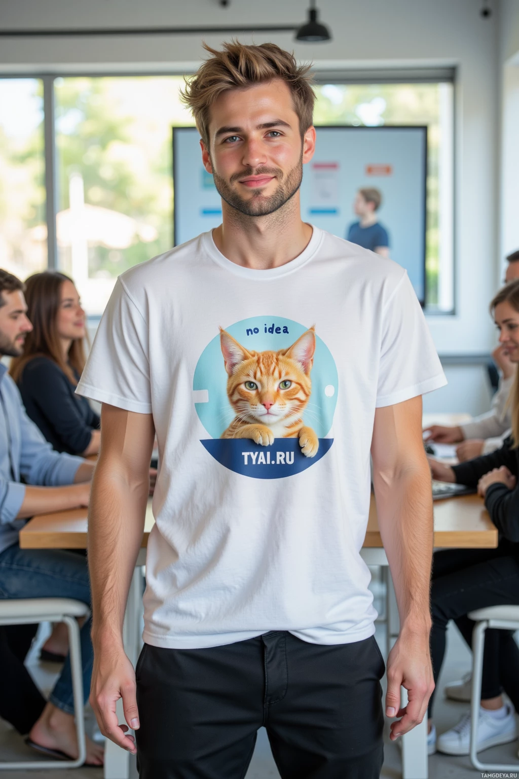 A man stands in a classroom wearing a white t-shirt with a cat graphic and the text "no idea" and "TYAI.RU.