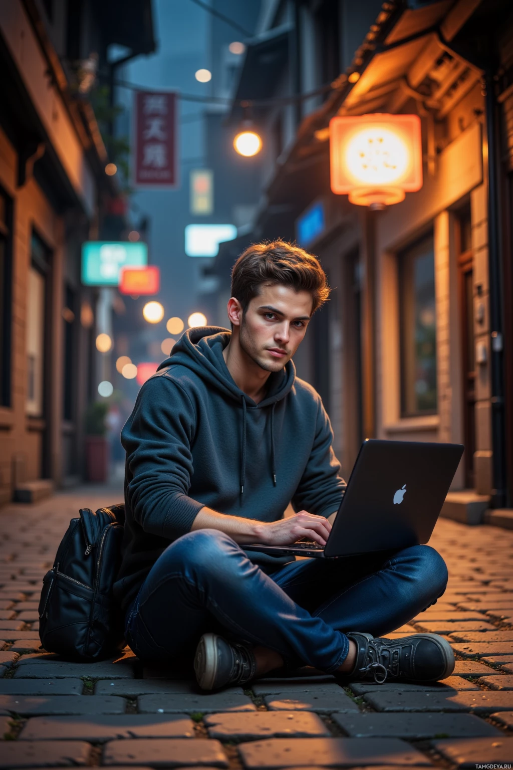 A person sits on a cobblestone street at dusk, using a laptop with a lit-up sign in the background.