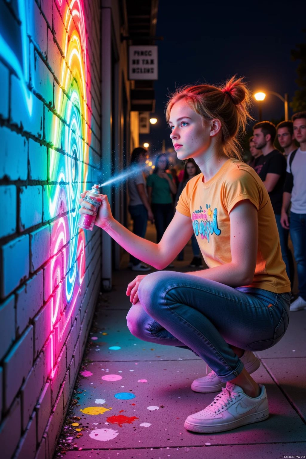 A person spray-paints a colorful design on a brick wall at night.
