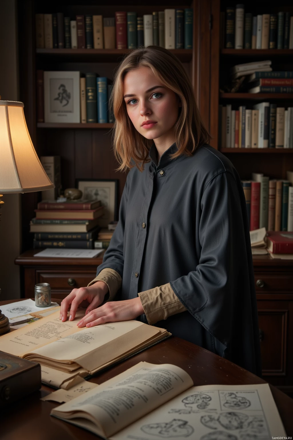 Realistic high quality photo. 26‑year‑old woman with shoulder‑length light brown hair, green eyes, in a fitted slate‑grey cloak with subtle patterning and soft beige boots, carefully rearranging a cluttered wooden desk with scattered papers, a small coin jar, and patterned drawings in a dimly lit study, late afternoon lamplight casting soft shadows, her posture composed as she steps away mid‑conversation.