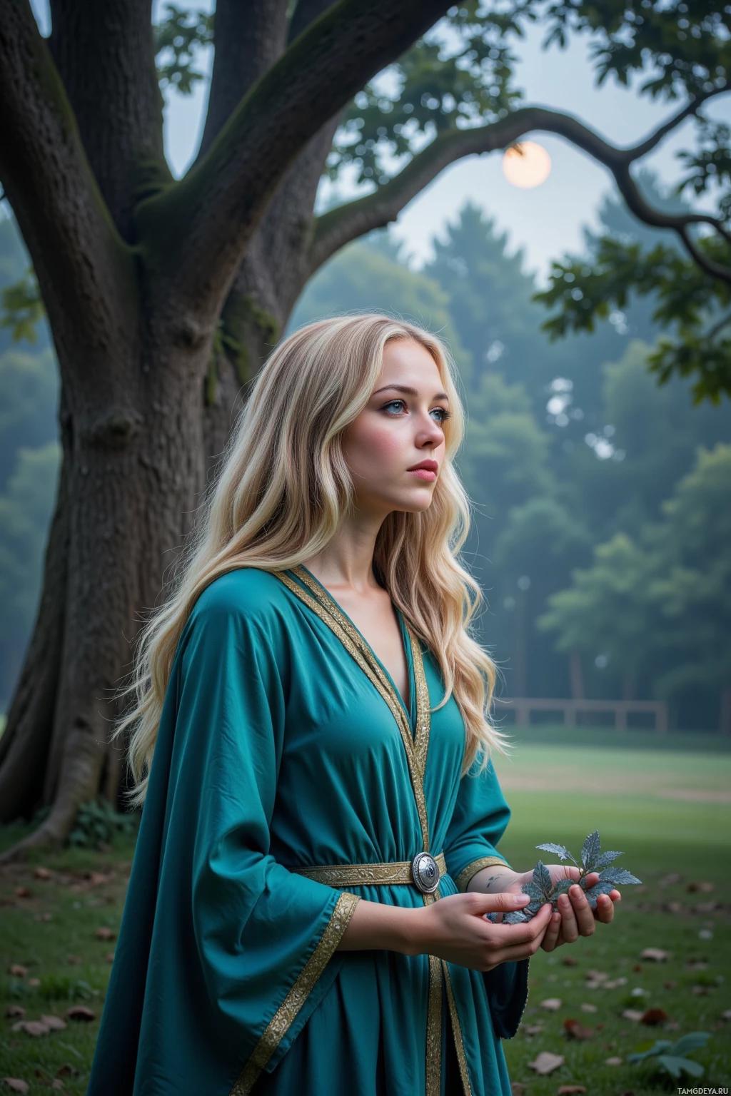 A woman in a teal robe stands in a park, holding a small plant.