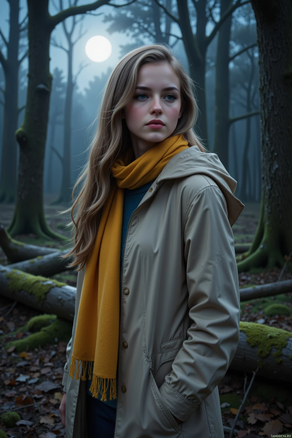 Realistic high quality photo. female 30, long wavy light brown hair, blue eyes, pale skin, wearing oversized raincoat and yellow scarf, standing on a mossy log in a stormy silverwood forest at night, moonlight spotlighting her, wind swirling around her, deep shadows enveloping the forest, calm introspective posture.